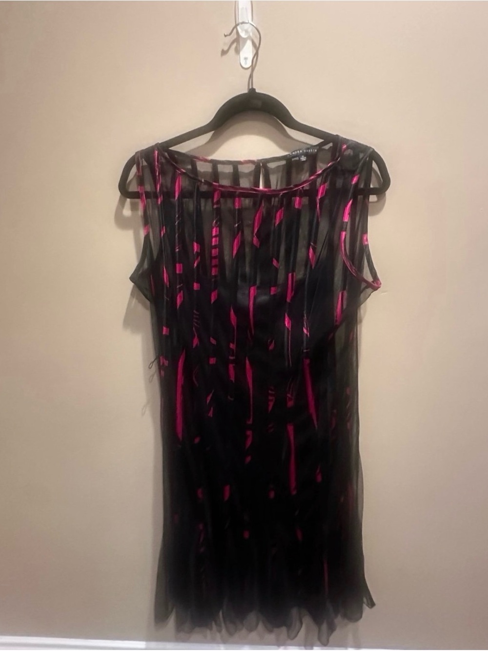 Sandra Darren Sheer Black Overlay Dress Pink Accent Size 14 Sleeveless